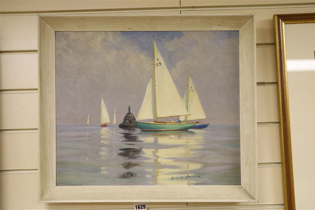 Deryck Foster (1924-2011), oil on board, Study of two XOD class racing yachts Julia and Helena, signed, 37 x 45cm